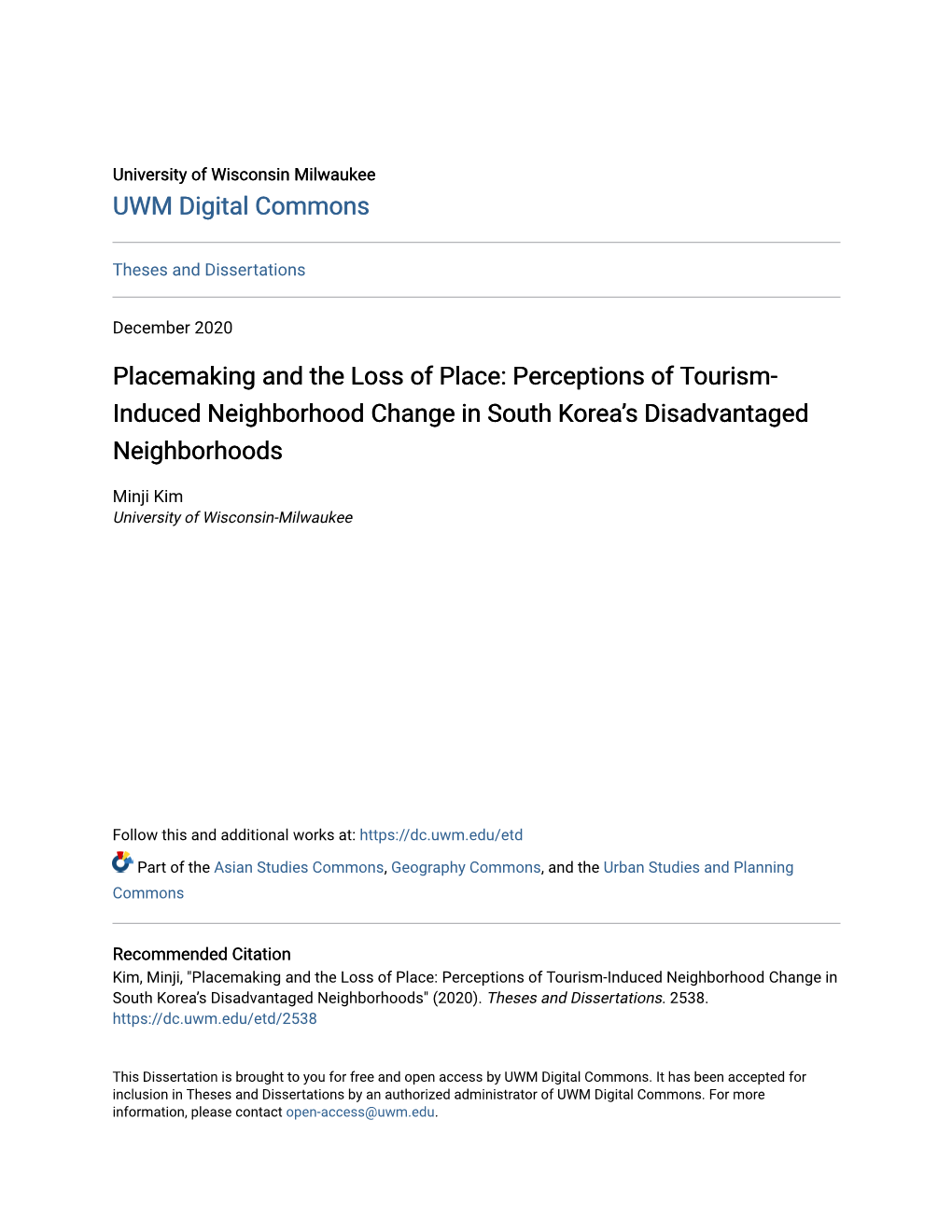 Placemaking and the Loss of Place: Perceptions of Tourism-Induced Neighborhood Change in South Korea’S Disadvantaged Neighborhoods