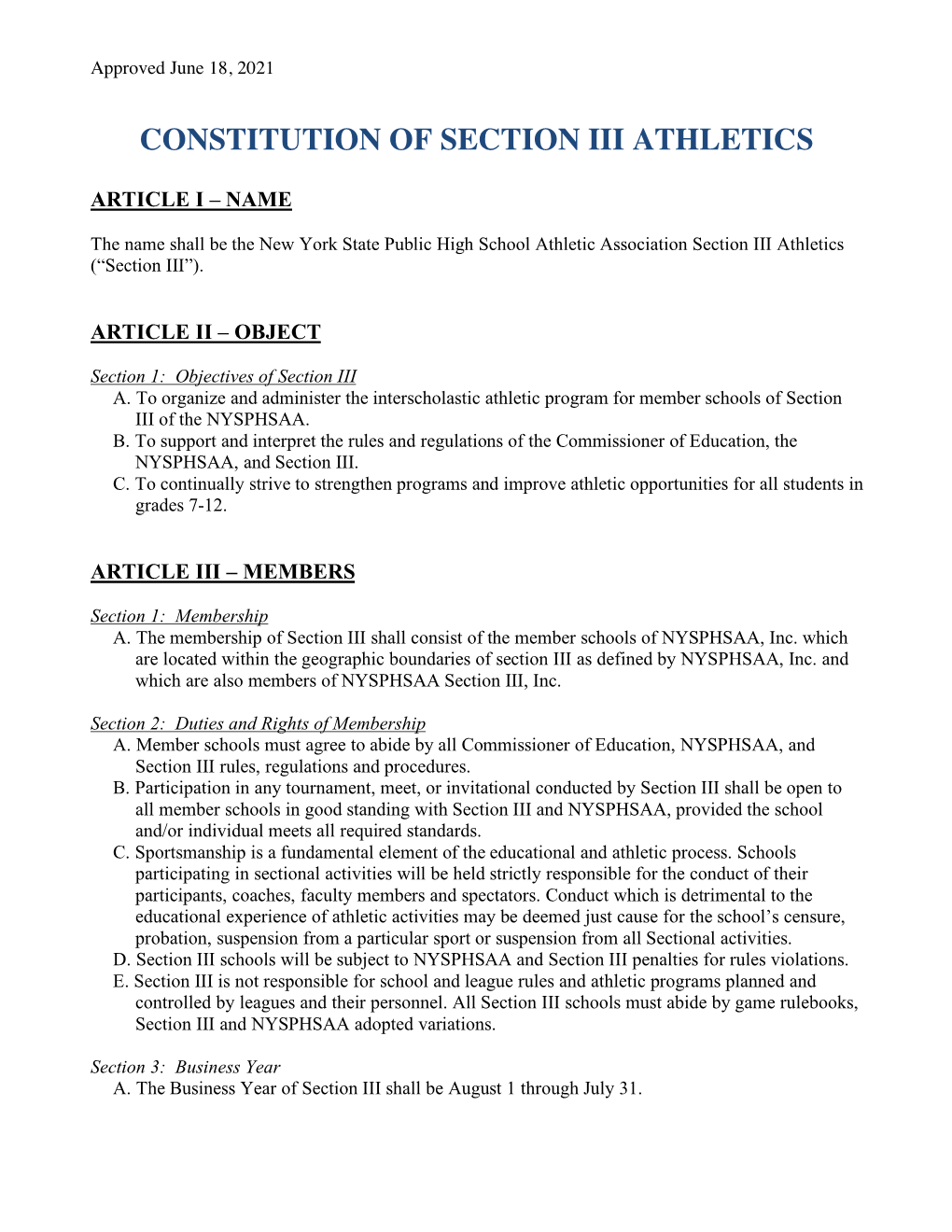 Constitution of Section Iii Athletics