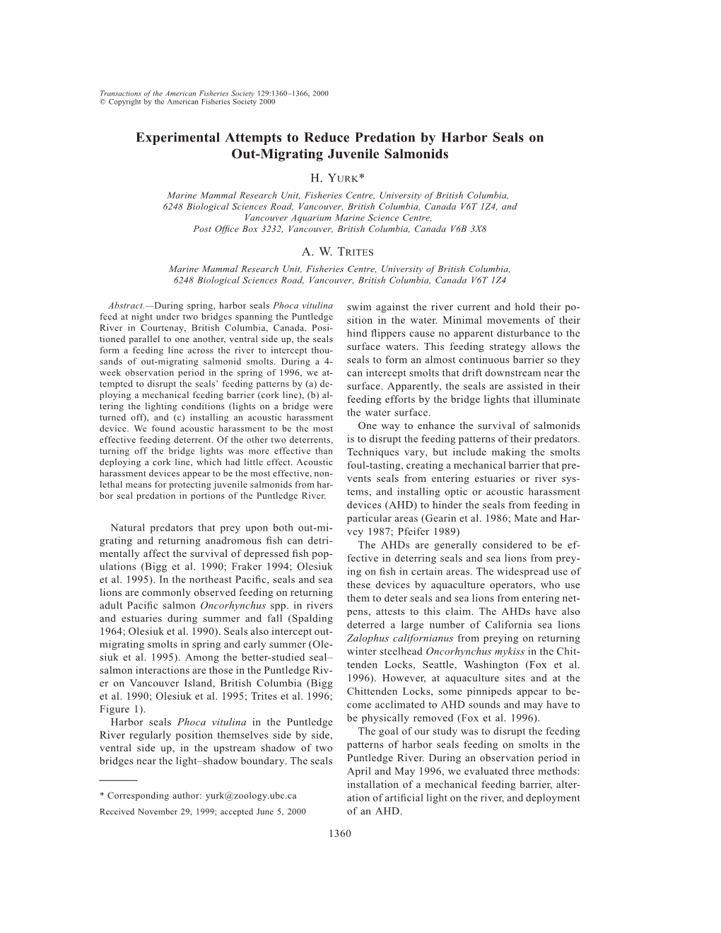 Experimental Attempts to Reduce Predation by Harbor Seals on Out-Migrating Juvenile Salmonids