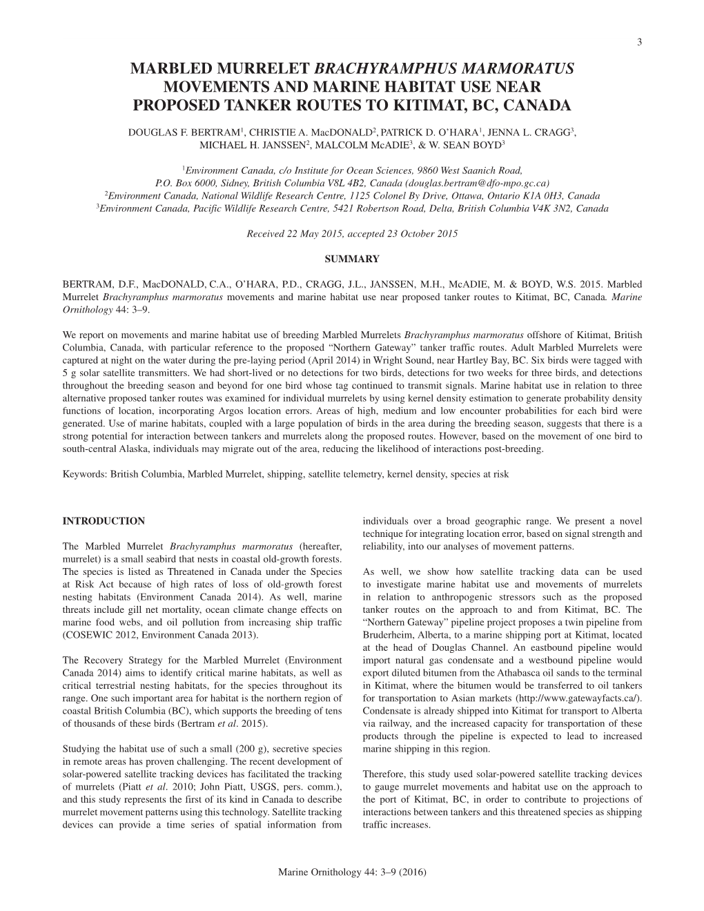 Marbled Murrelet Brachyramphus Marmoratus Movements and Marine Habitat Use Near Proposed Tanker Routes to Kitimat, Bc, Canada