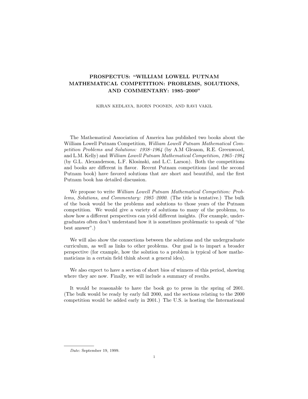 Prospectus: “William Lowell Putnam Mathematical Competition: Problems, Solutions, and Commentary: 1985–2000”