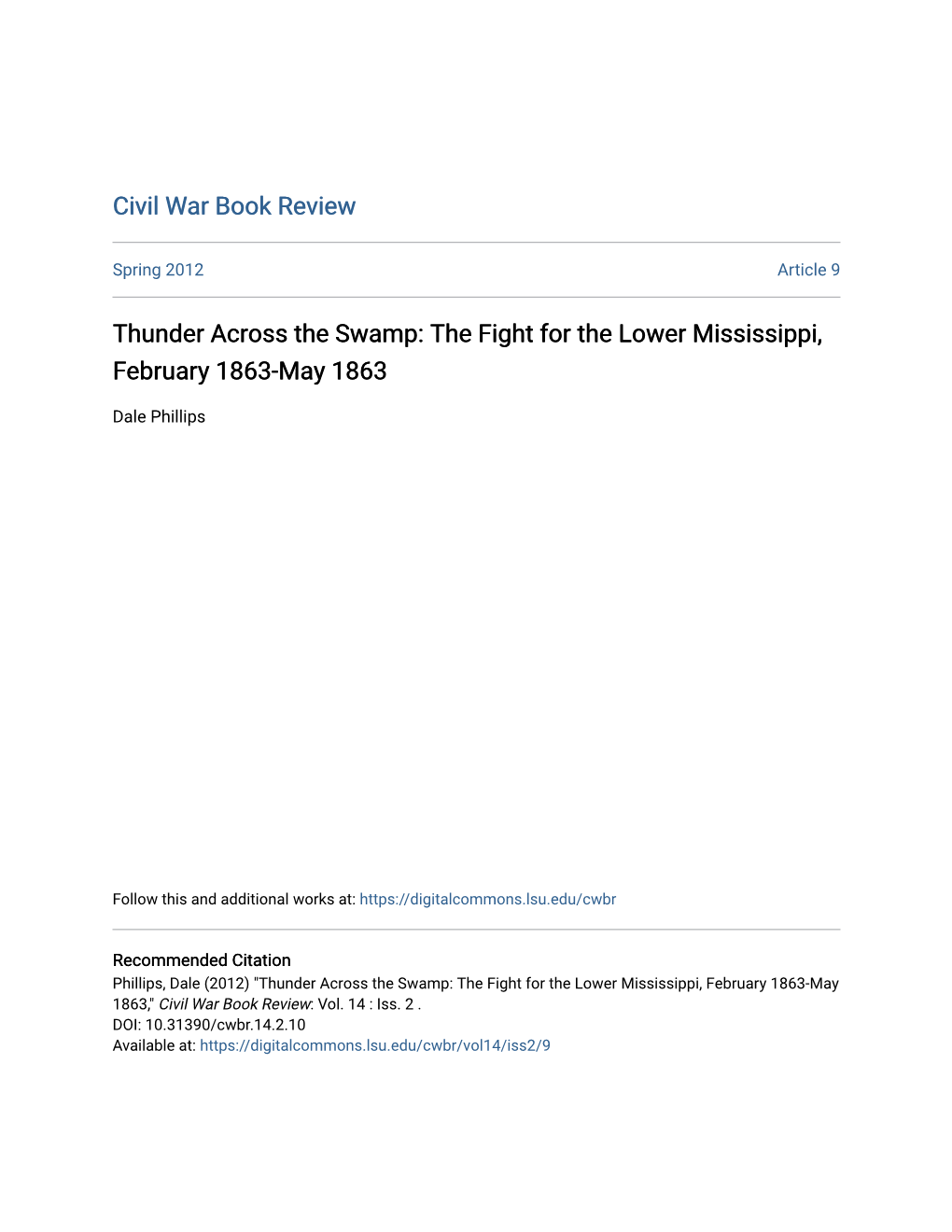 Thunder Across the Swamp: the Fight for the Lower Mississippi, February 1863-May 1863