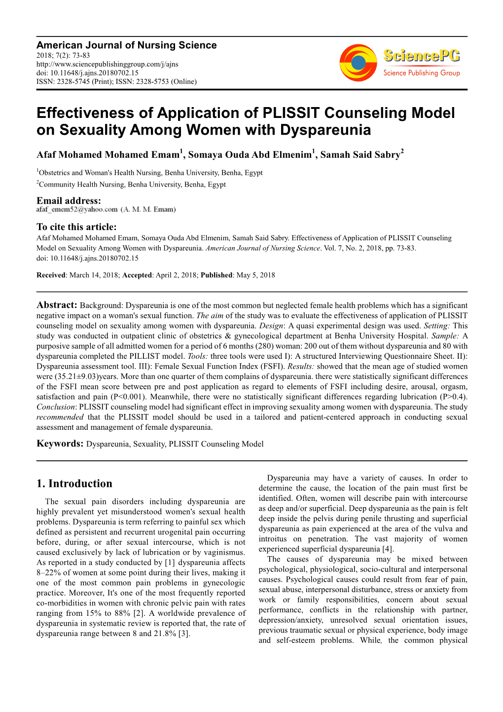 Effectiveness of Application of PLISSIT Counseling Model on Sexuality Among Women with Dyspareunia