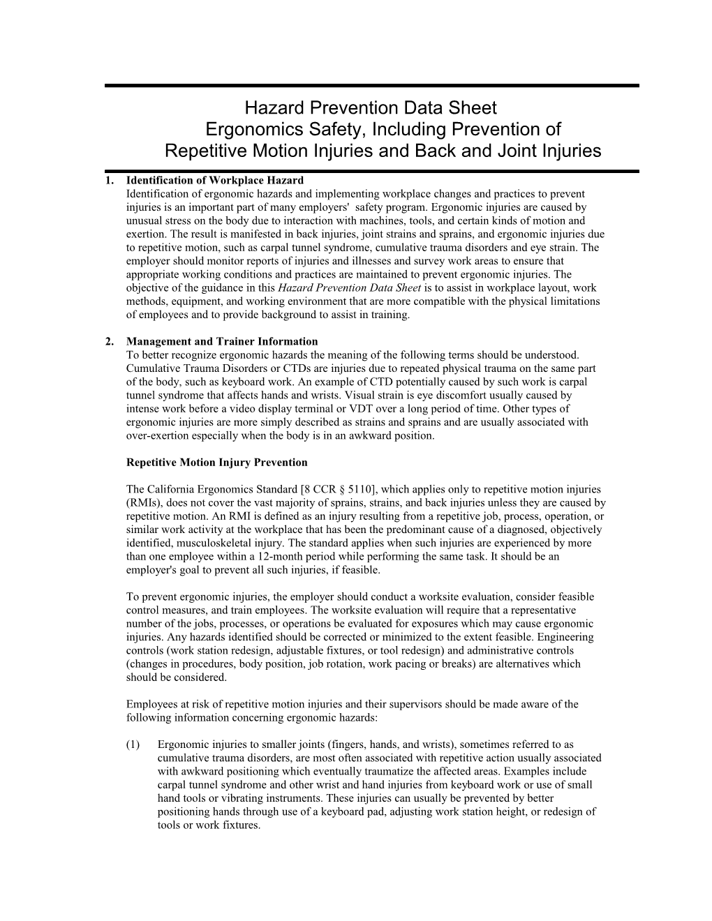 Hazard Prevention Data Sheet Ergonomics Safety, Including Prevention Of Repetitive Motion Injuries And Back And Joint Injuries