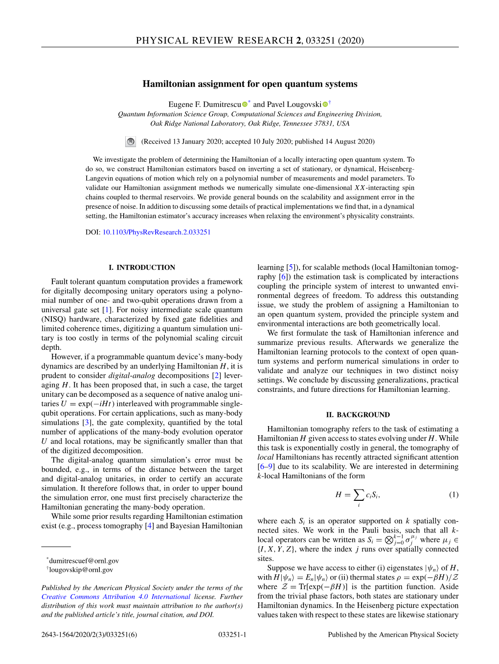 (2020) Hamiltonian Assignment for Open Quantum Systems