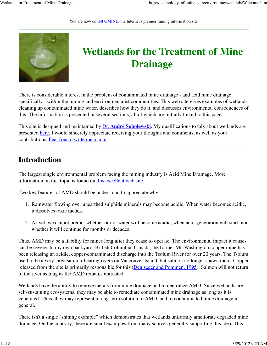 Wetlands for Treatment of Mine Drainage