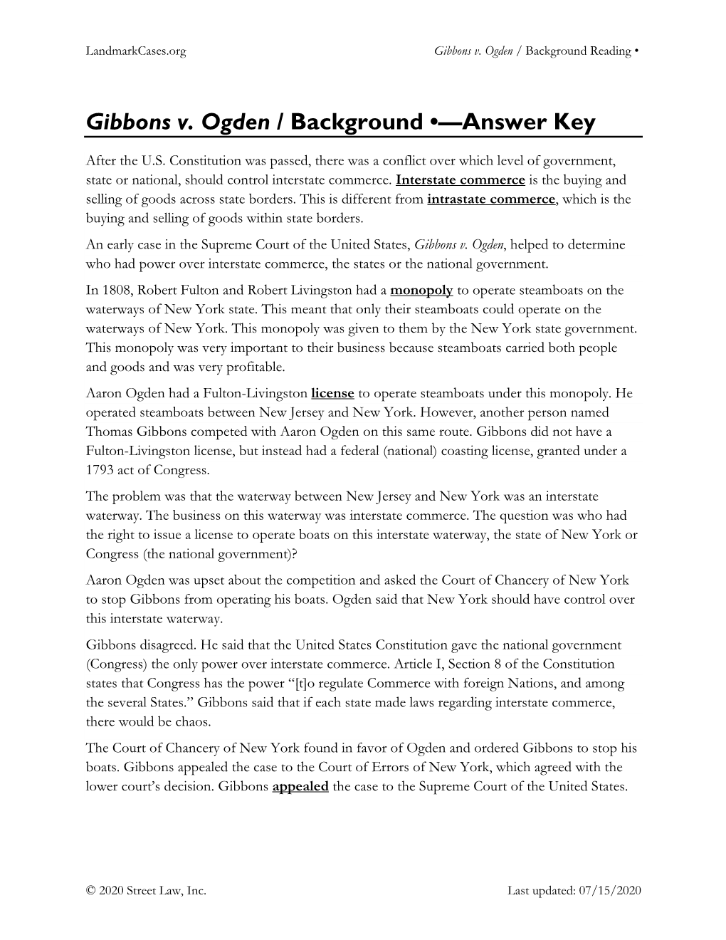 Gibbons V. Ogden / Background Reading •