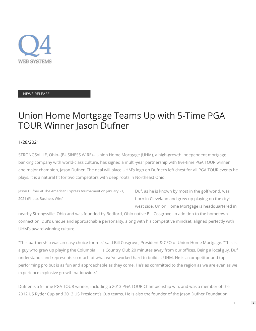 Union Home Mortgage Teams up with 5-Time PGA TOUR Winner Jason Dufner