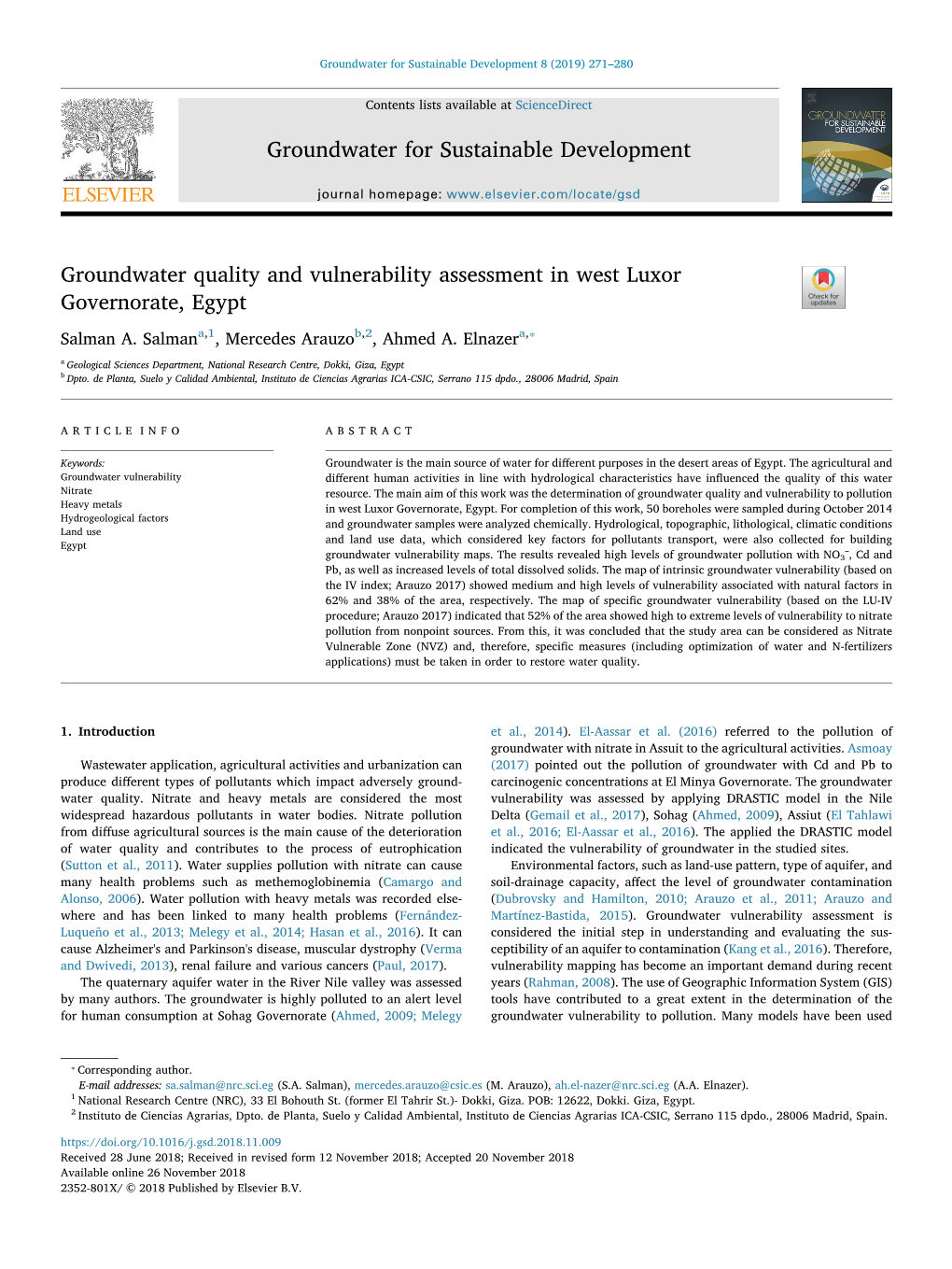 Groundwater for Sustainable Development 8 (2019) 271–280