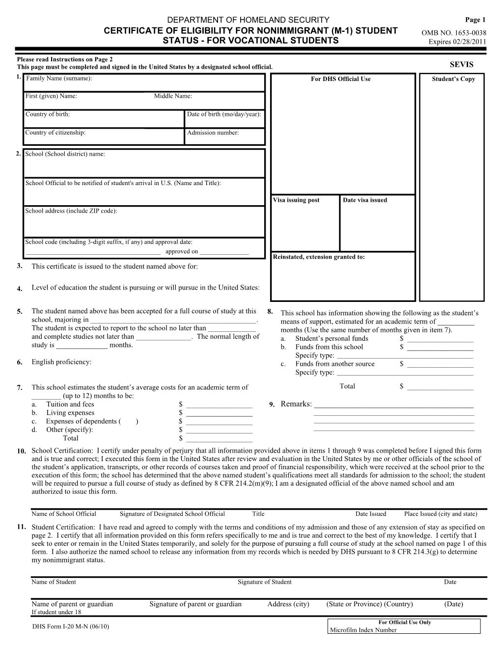 Certificate of Eligibility for Nonimmigrant (M-1) Student Omb No