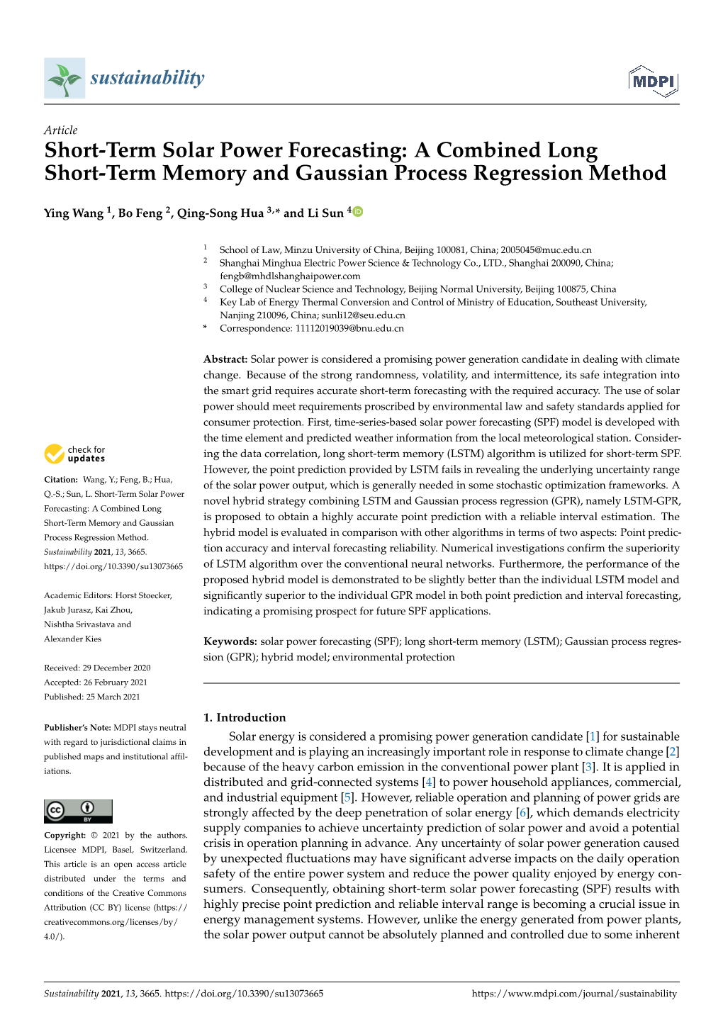 Short-Term Solar Power Forecasting: a Combined Long Short-Term Memory and Gaussian Process Regression Method