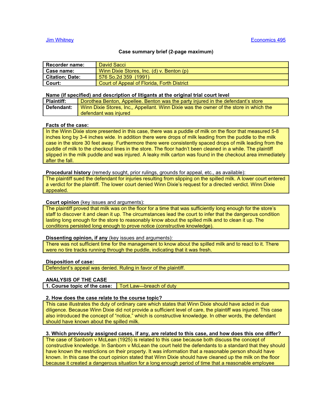 Case Summary Brief (2-Page Maximum)