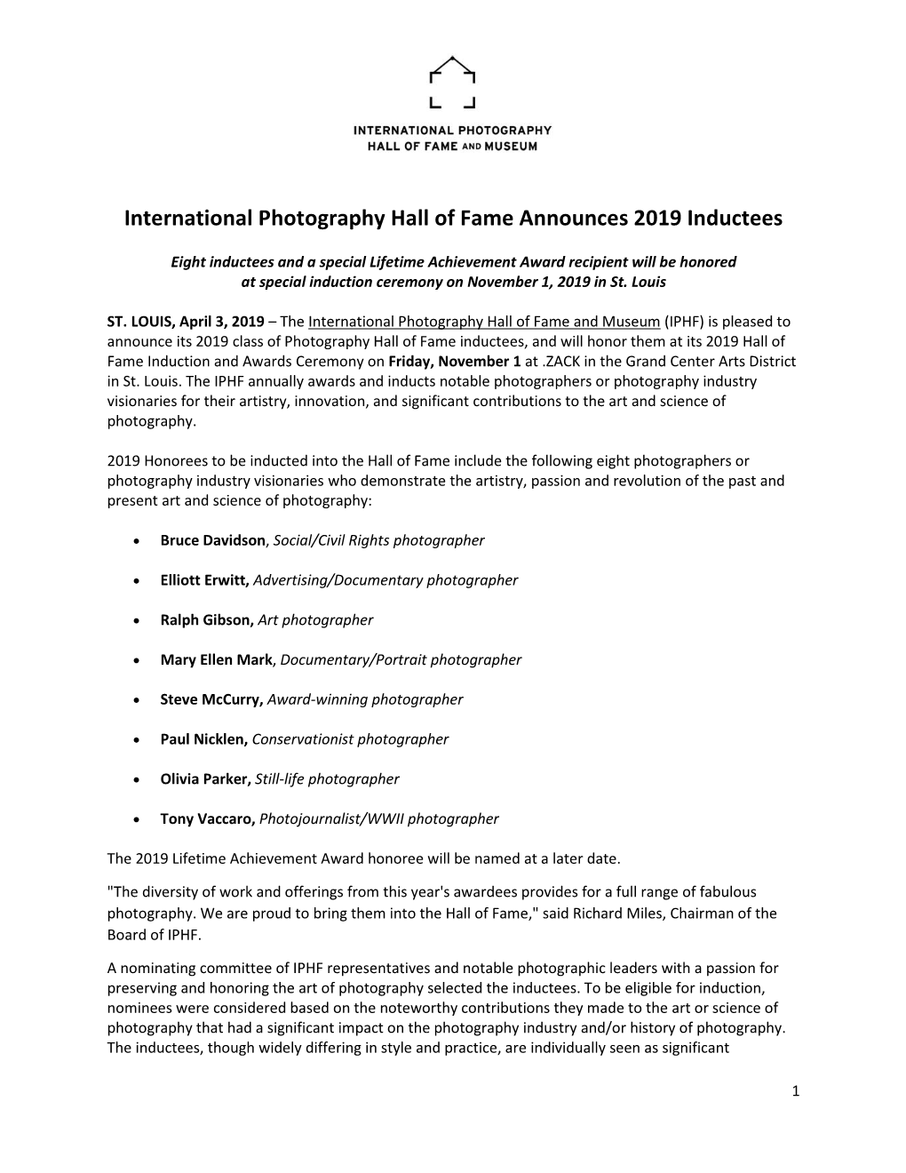 International Photography Hall of Fame Announces 2019 Inductees