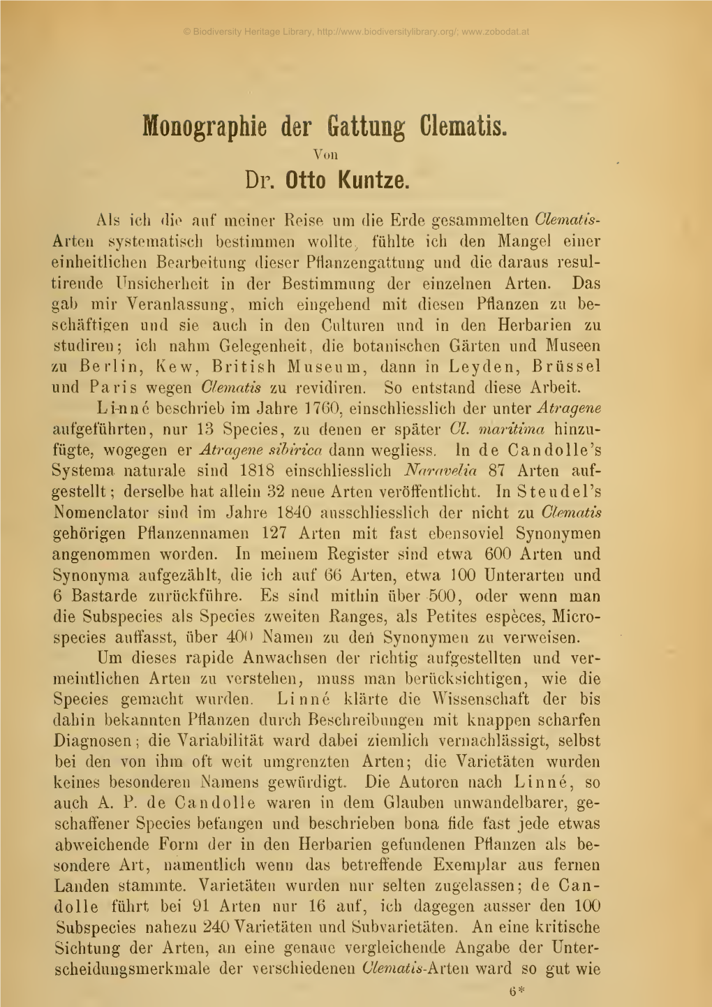 Monographie Der Gattung Clematis. Otto Kuntze