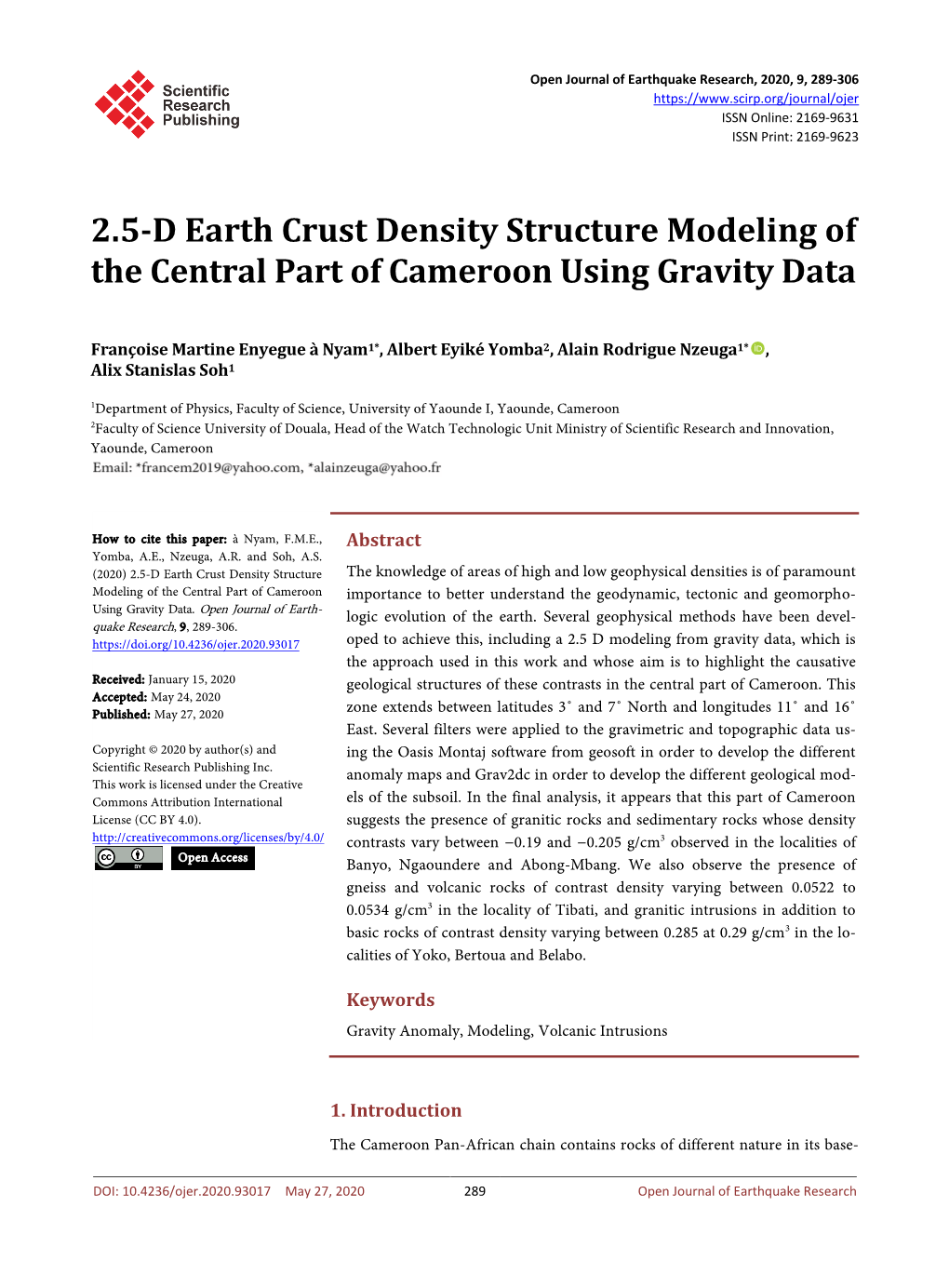 2.5-D Earth Crust Density Structure Modeling of the Central Part of Cameroon Using Gravity Data
