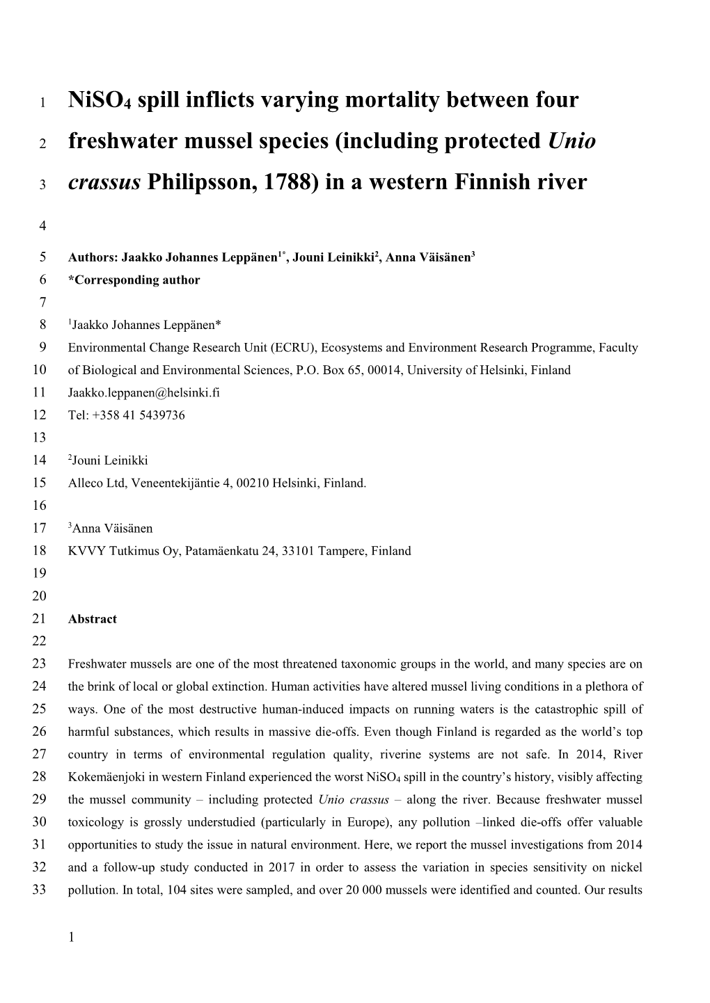 Niso4 Spill Inflicts Varying Mortality Between Four Freshwater Mussel