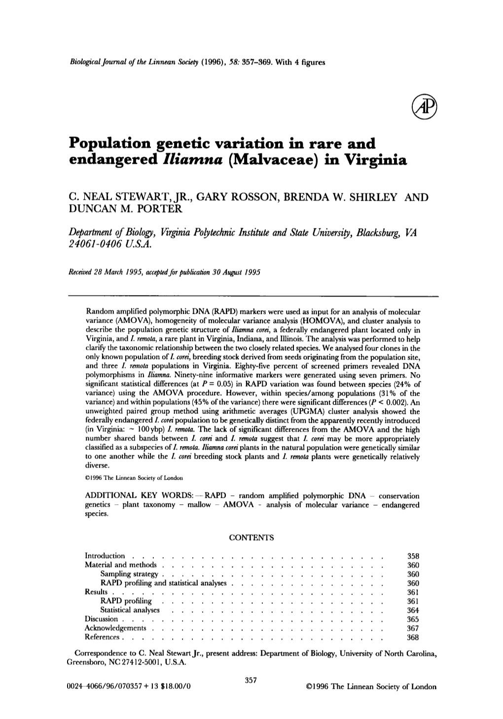 Population Genetic Variation in Rare and Endangered Iliamna (Malvaceae) in Virginia