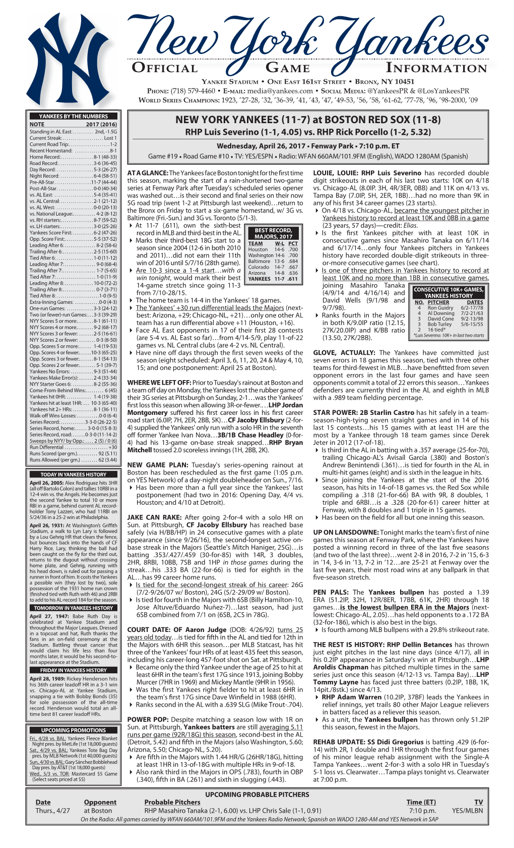 4.26 Yankees Game Notes.Pdf