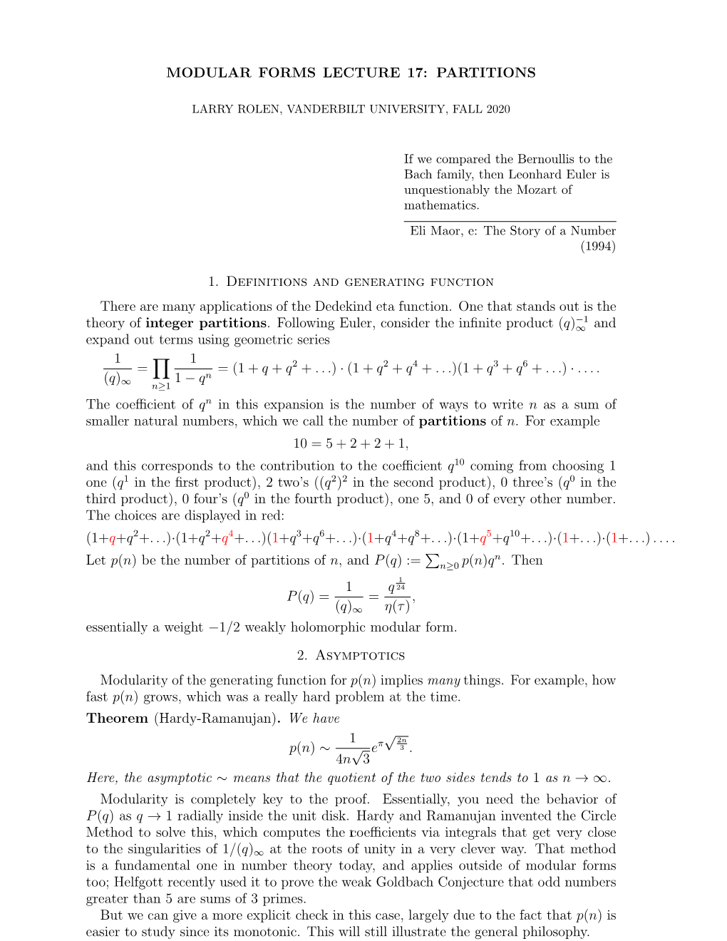 Modular Forms Lecture 17: Partitions