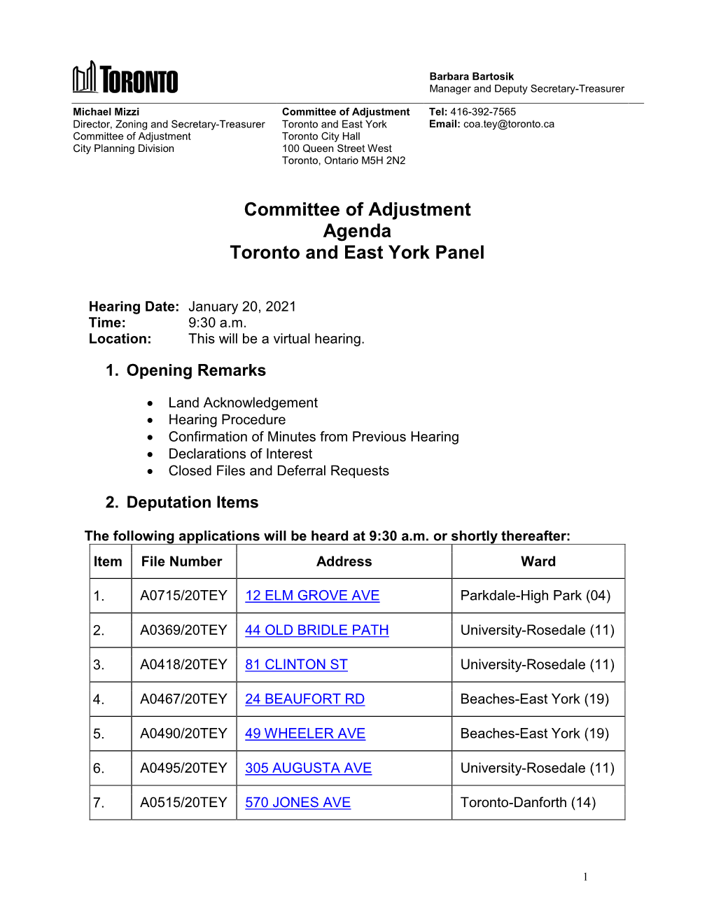 Committee of Adjustment Toronto and East York, Hearing Agenda, (Date)