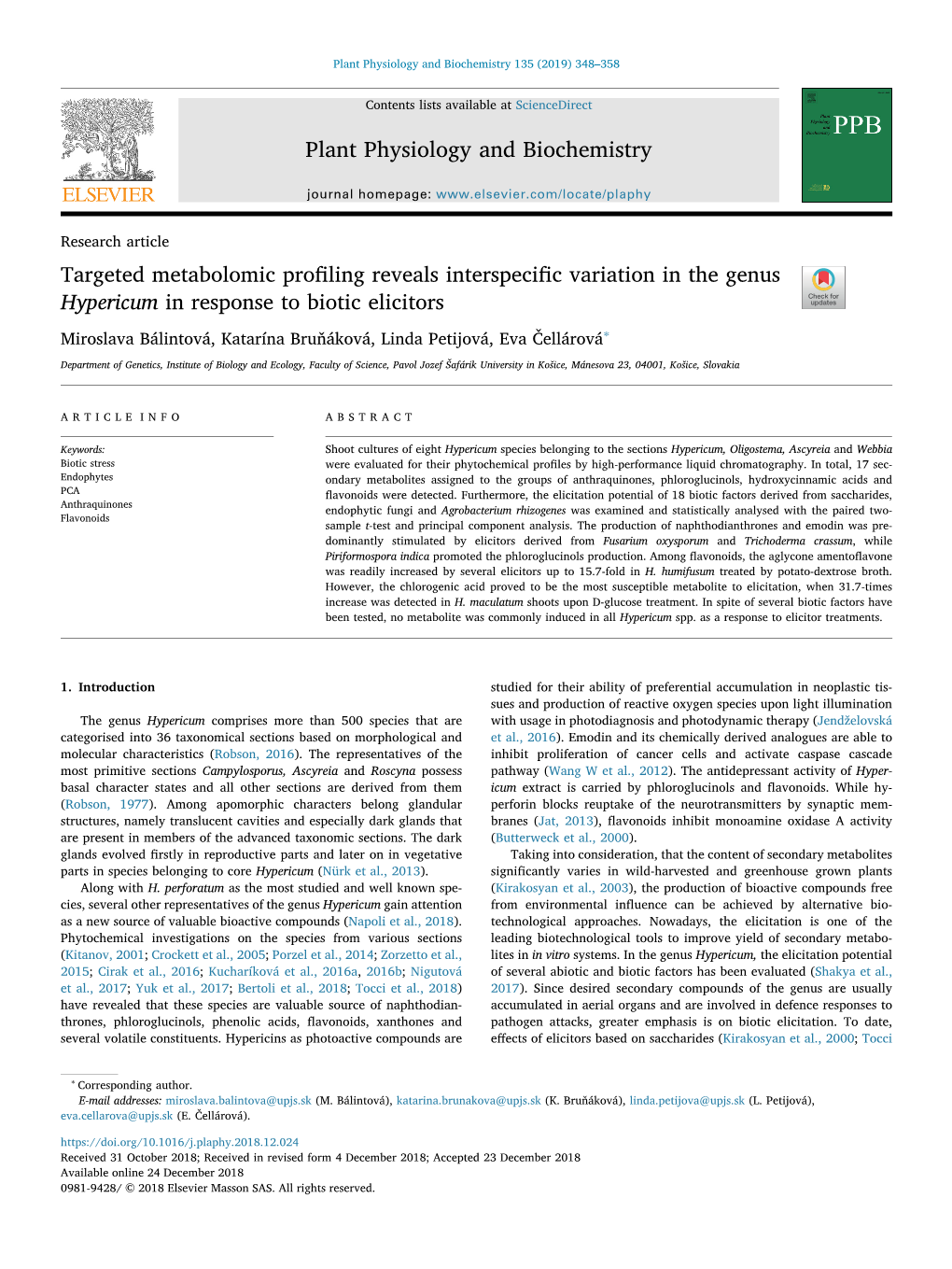 Targeted Metabolomic Profiling Reveals Interspecific Variation in the Genus Hypericum in Response to Biotic Elicitors