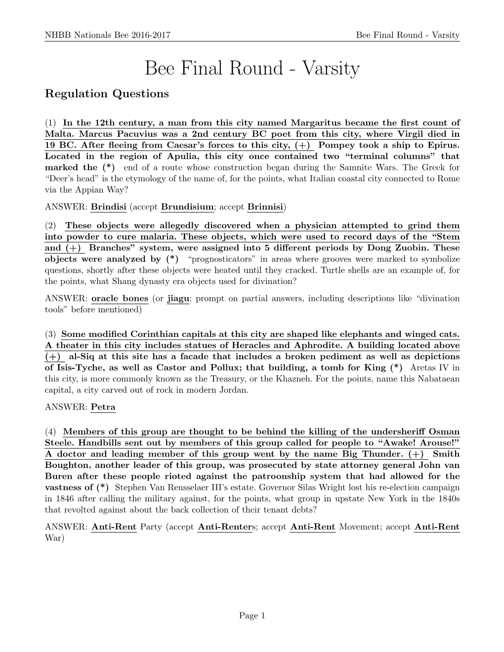 Bee Final Round - Varsity Bee Final Round - Varsity Regulation Questions