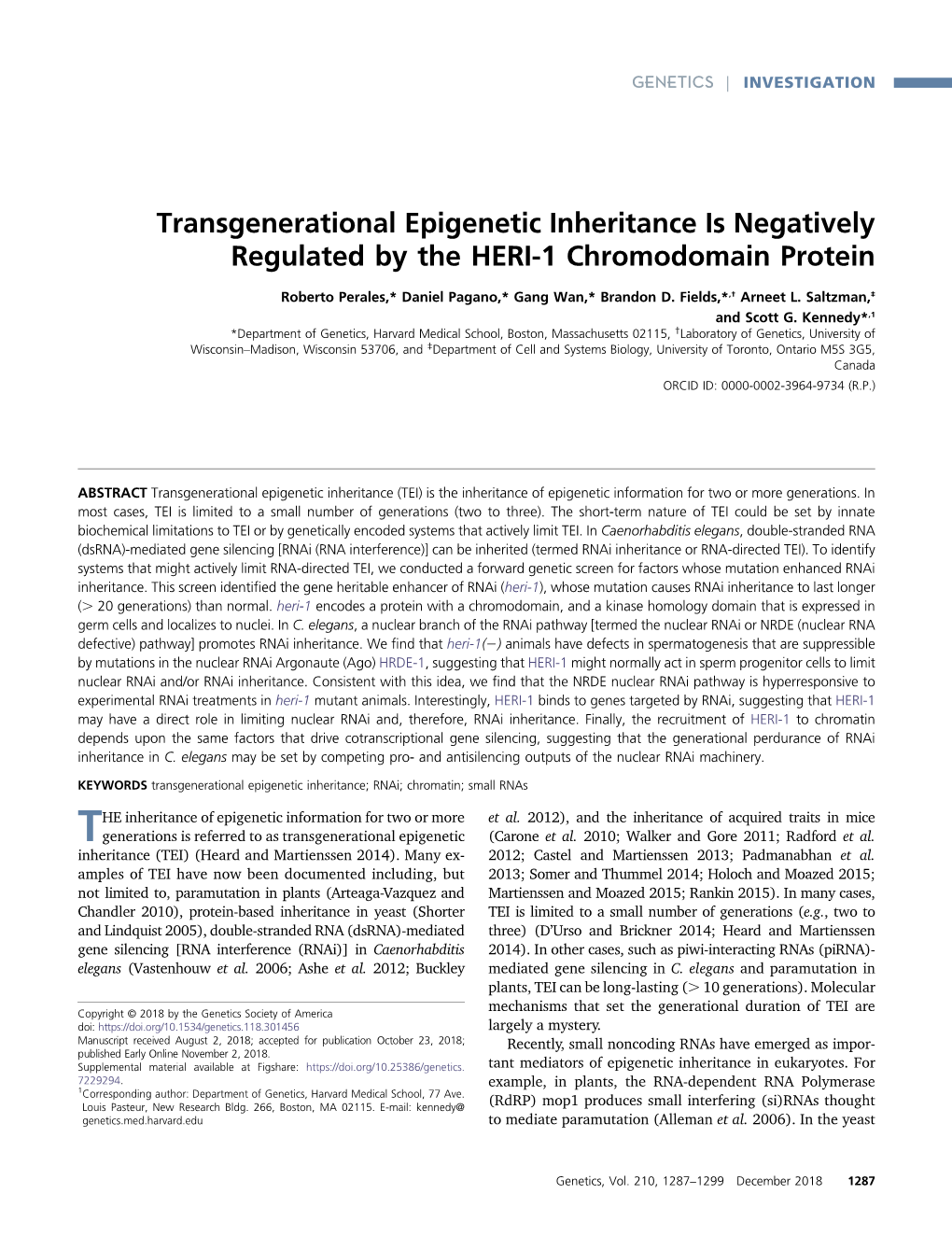 Transgenerational Epigenetic Inheritance Is Negatively Regulated by the HERI-1 Chromodomain Protein