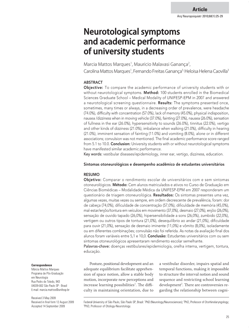 Neurotological Symptoms and Academic Performance of University Students