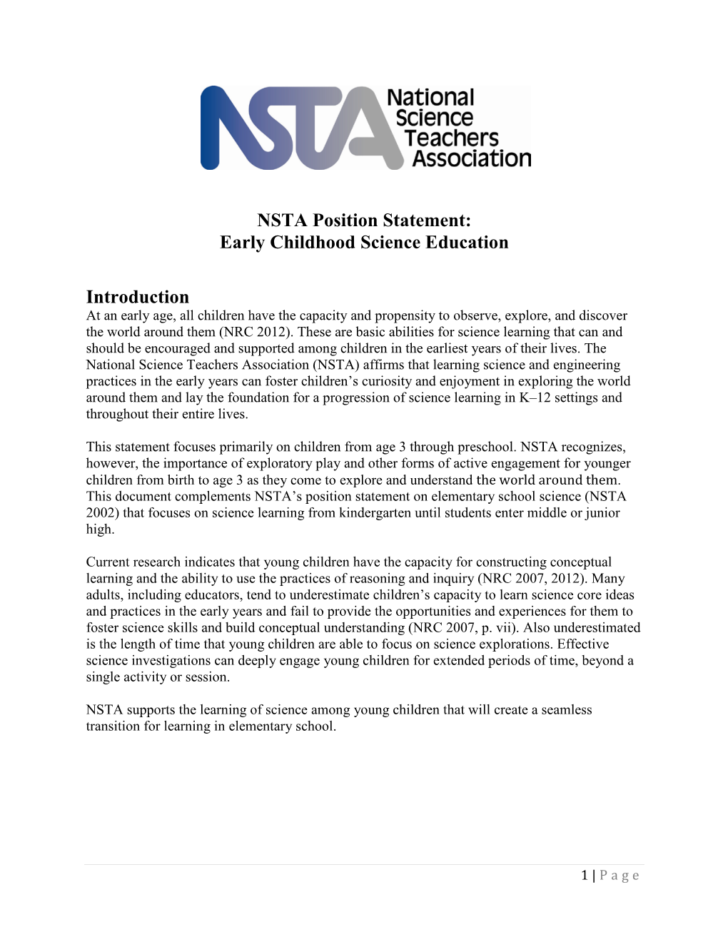 NSTA Position Statement: Early Childhood Science Education