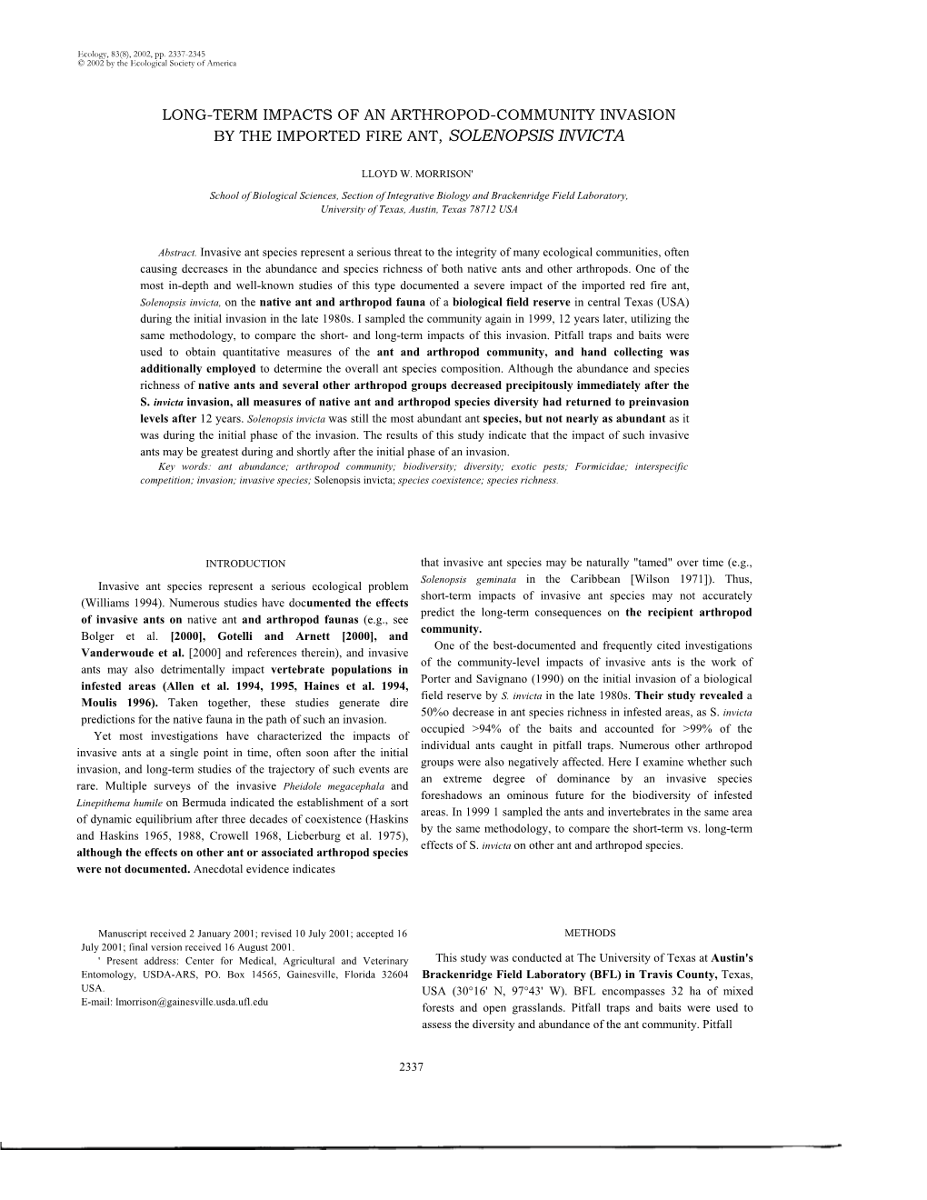 Long-Term Impacts of an Arthropod-Community Invasion by the Imported Fire Ant, Solenopsis Invicta