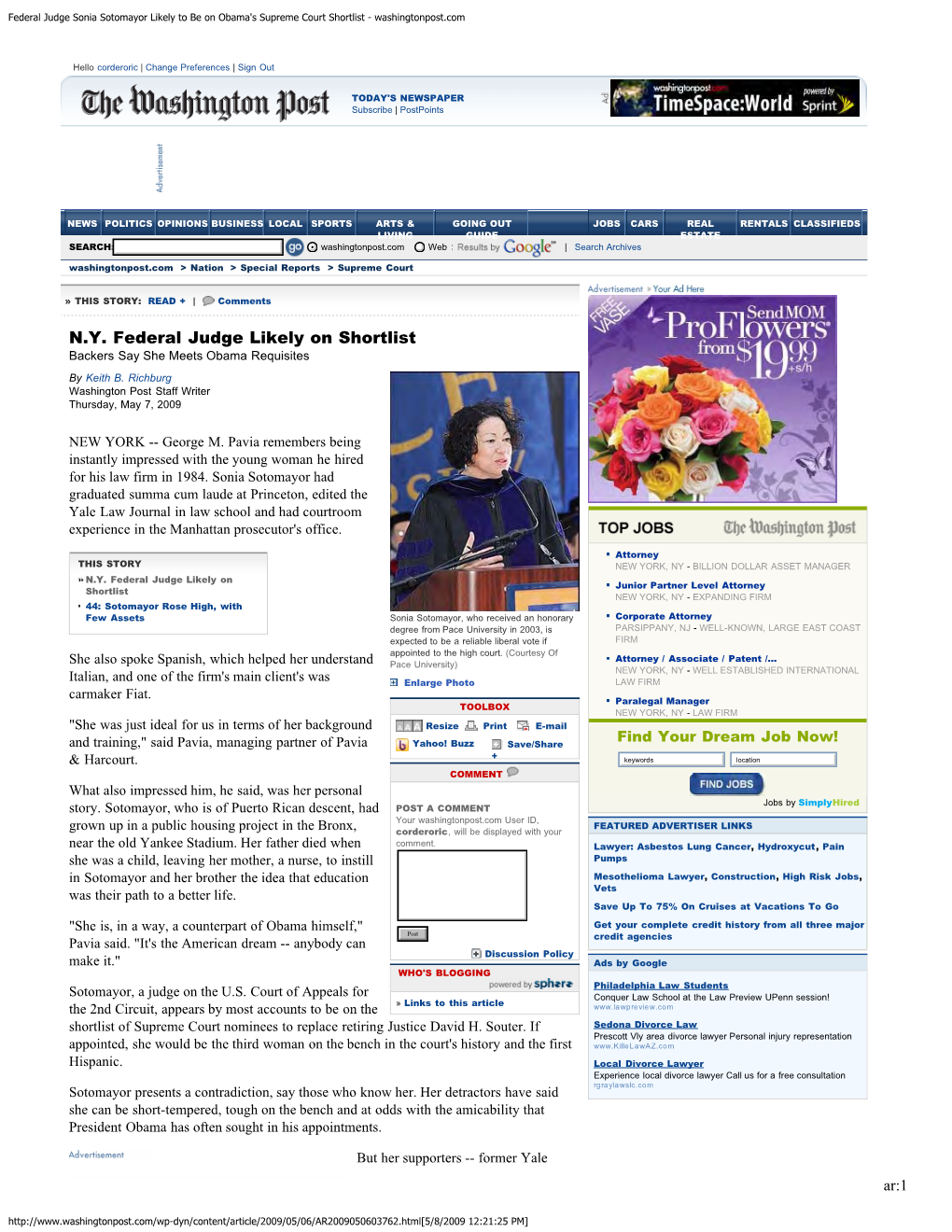 Articles on the Financials of Circuit Judge Sonia Sotomayor of the U.S