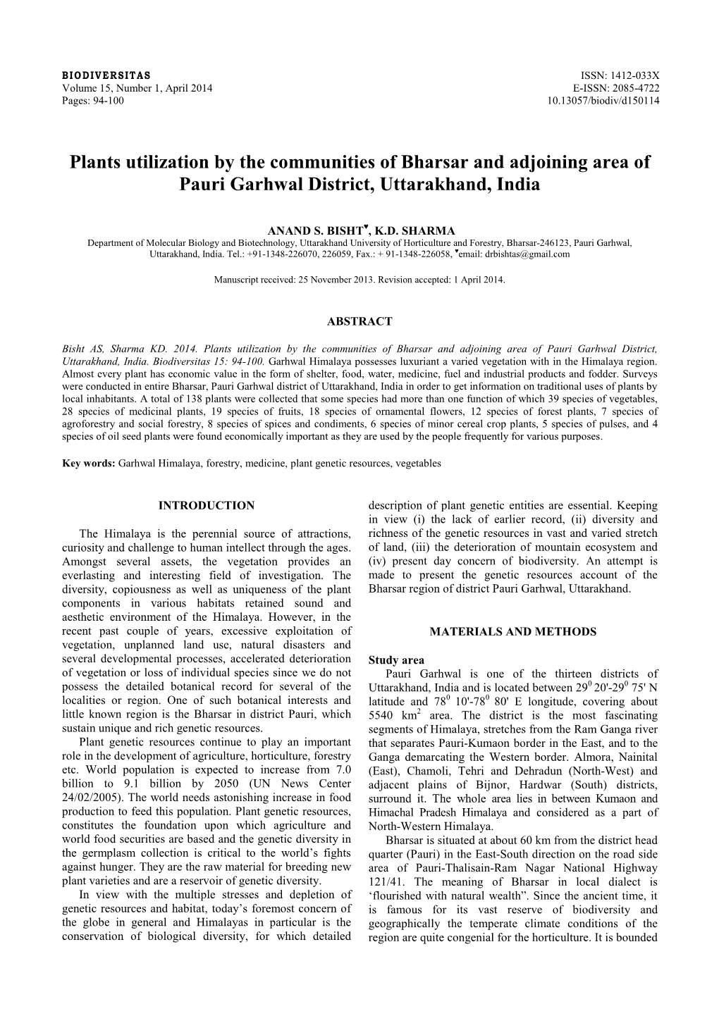 Plants Utilization by the Communities of Bharsar and Adjoining Area of Pauri Garhwal District, Uttarakhand, India