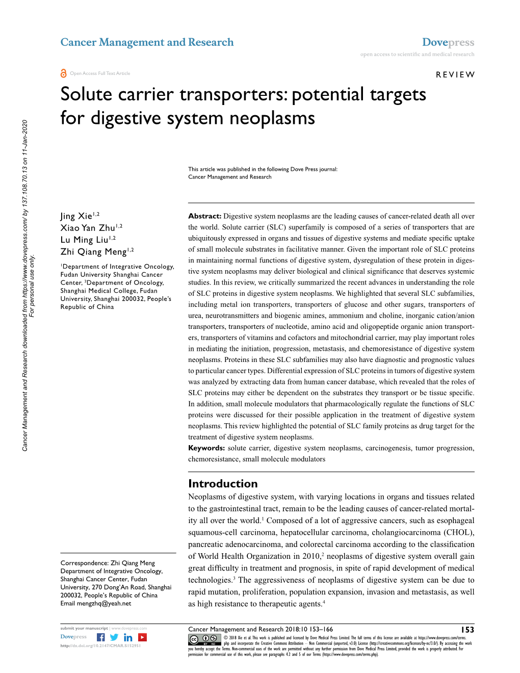 Solute Carrier Transporters: Potential Targets for Digestive System Neoplasms