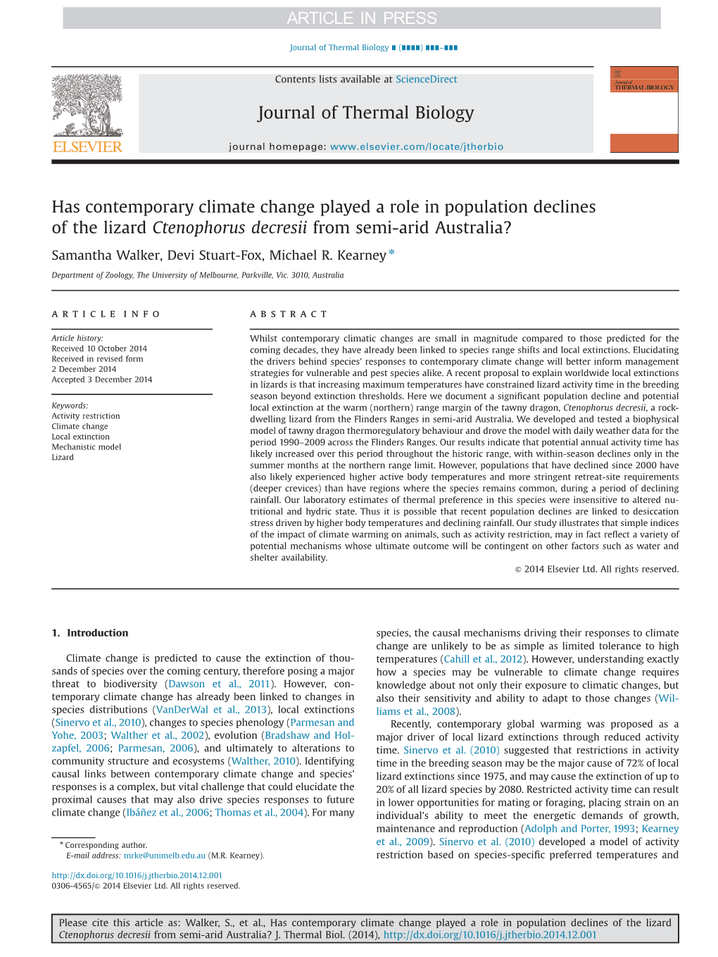 Has Contemporary Climate Change Played a Role in Population Declines of the Lizard Ctenophorus Decresii from Semi-Arid Australia?