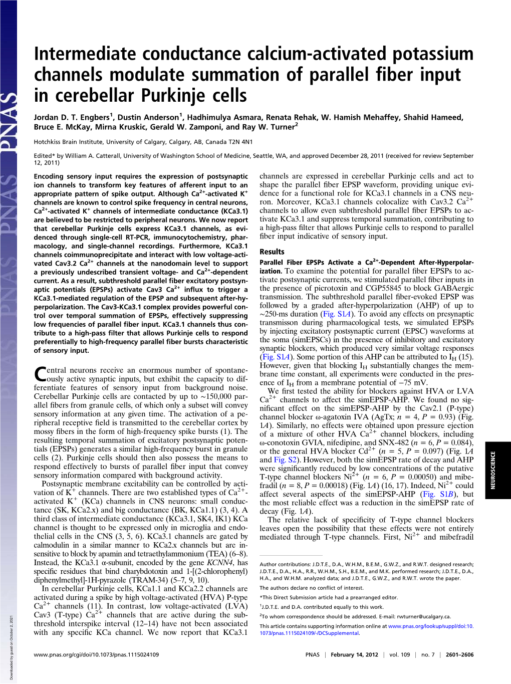 Intermediate Conductance Calcium-Activated Potassium Channels Modulate Summation of Parallel ﬁber Input in Cerebellar Purkinje Cells