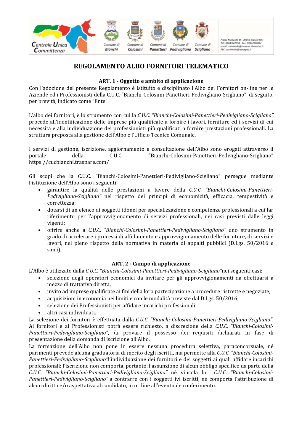 Regolamento Albo Fornitori Telematico