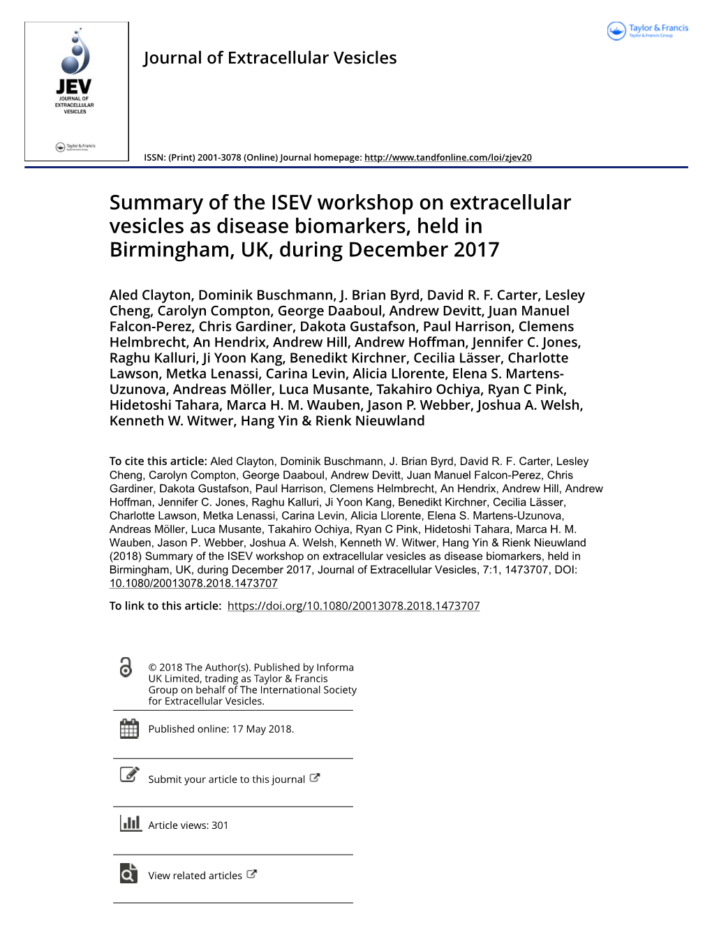 Summary of the ISEV Workshop on Extracellular Vesicles As Disease Biomarkers, Held in Birmingham, UK, During December 2017