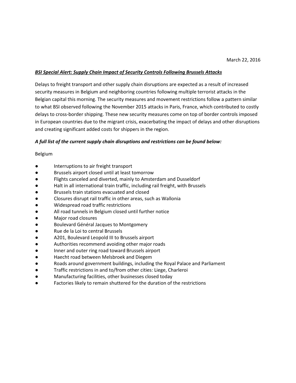 Supply Chain Impact of Security Controls Following Brussels Attacks Delays to Freight Transpor