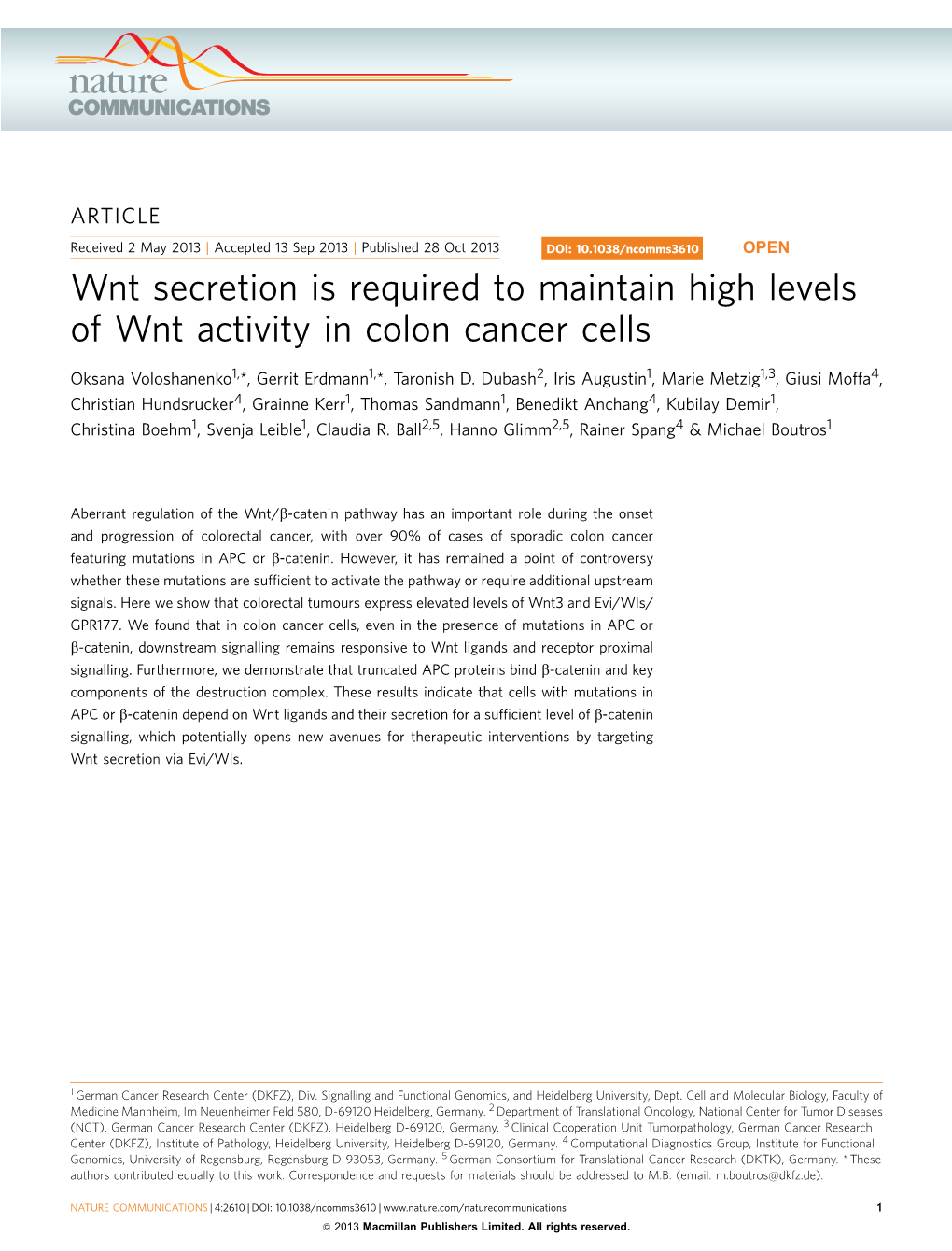 Wnt Secretion Is Required to Maintain High Levels of Wnt Activity in Colon Cancer Cells