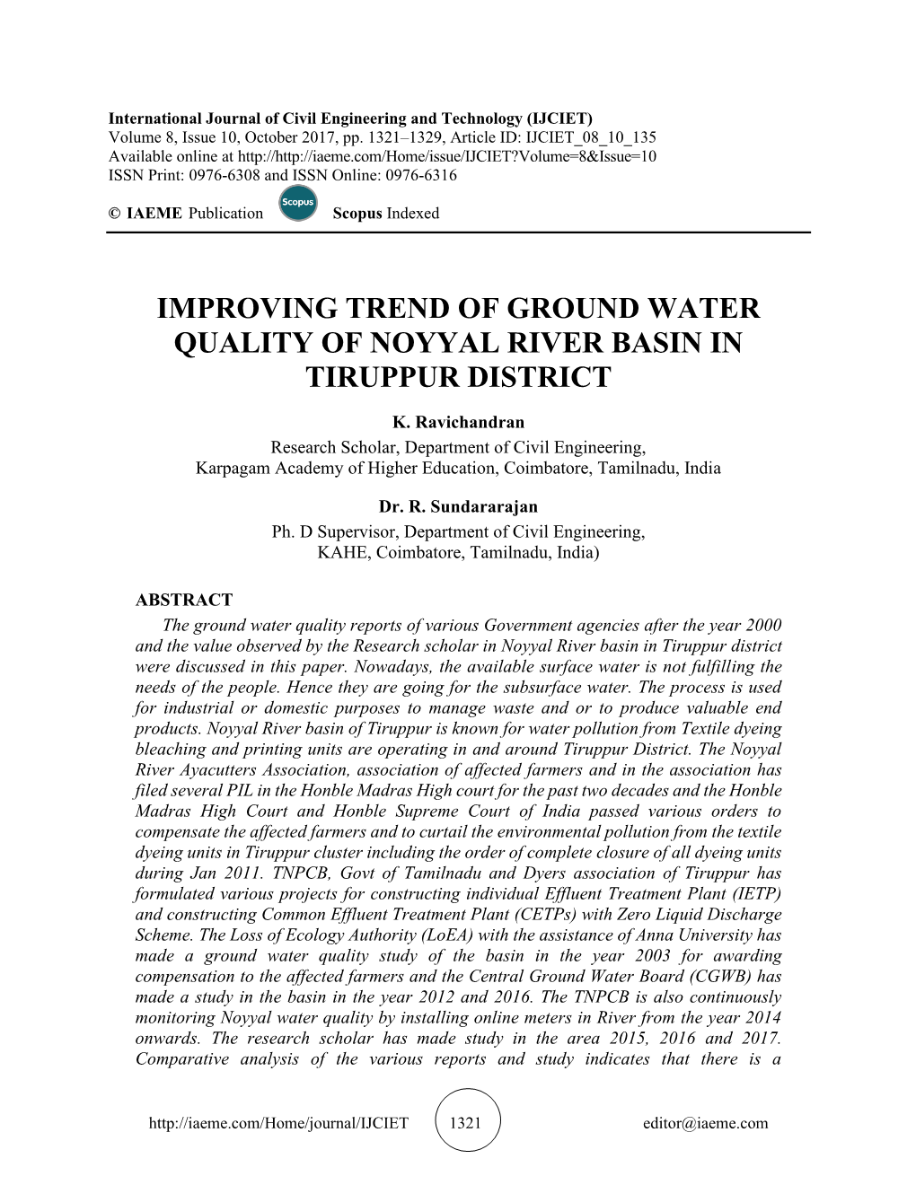 Improving Trend of Ground Water Quality of Noyyal River Basin in Tiruppur District