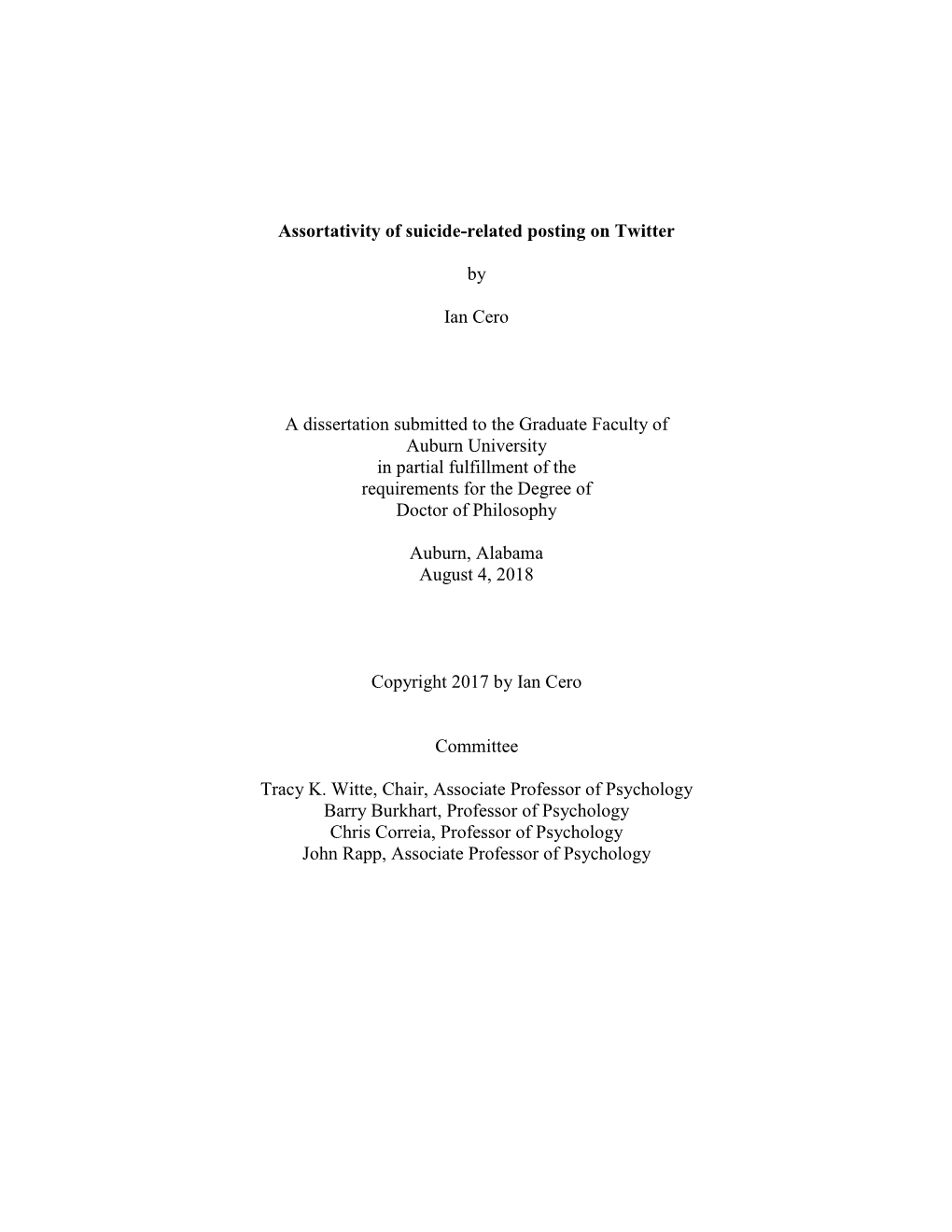 Assortativity of Suicide-Related Posting on Twitter by Ian Cero A