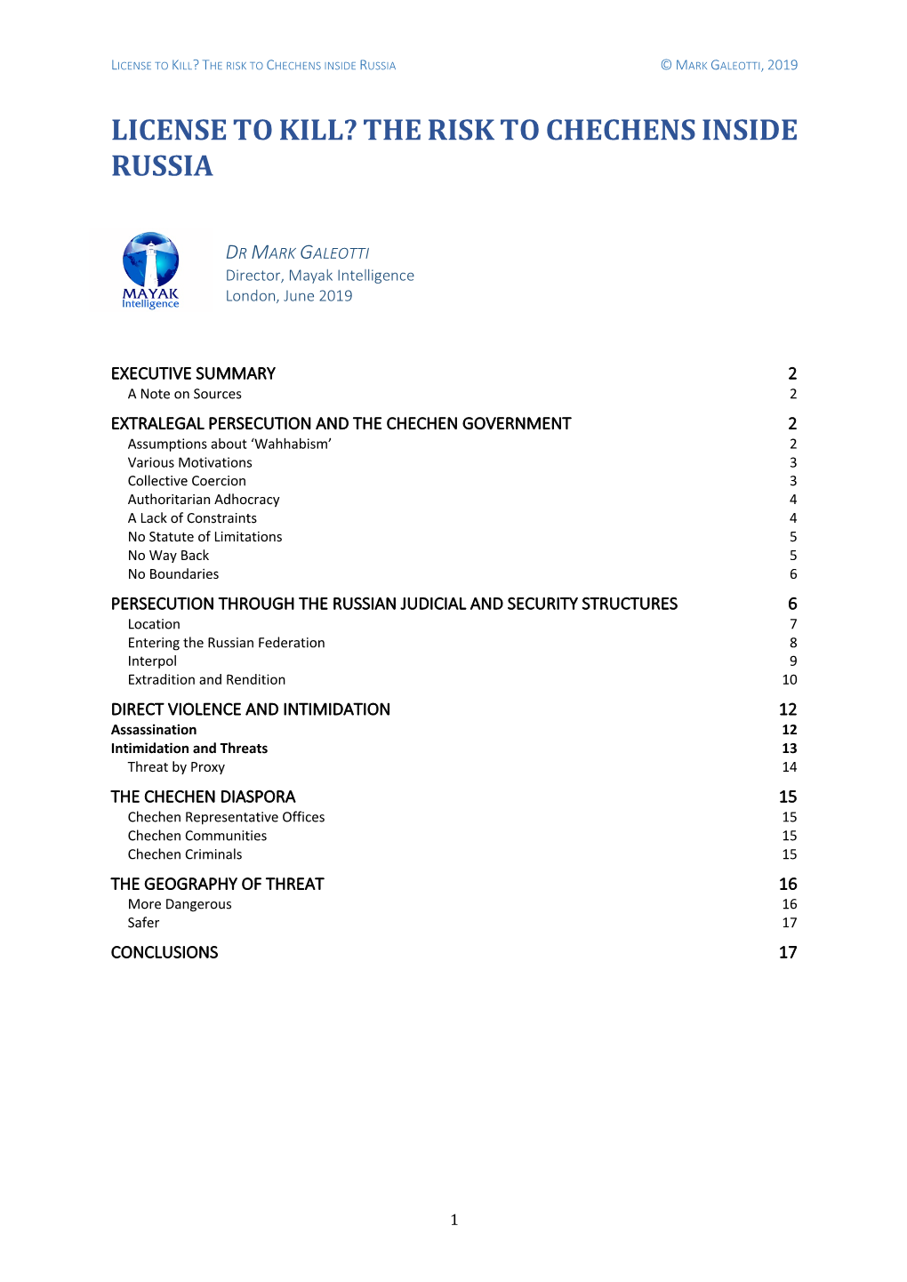 License to Kill? the Risk to Chechens Inside Russia © Mark Galeotti, 2019