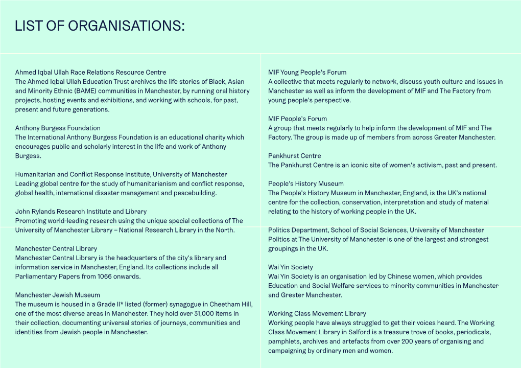 List of Organisations