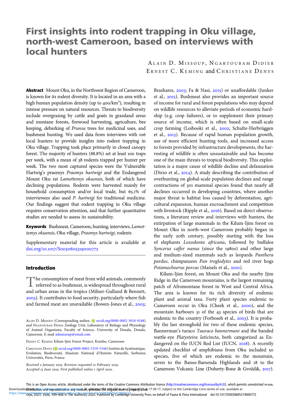 First Insights Into Rodent Trapping in Oku Village, North-West Cameroon, Based on Interviews with Local Hunters