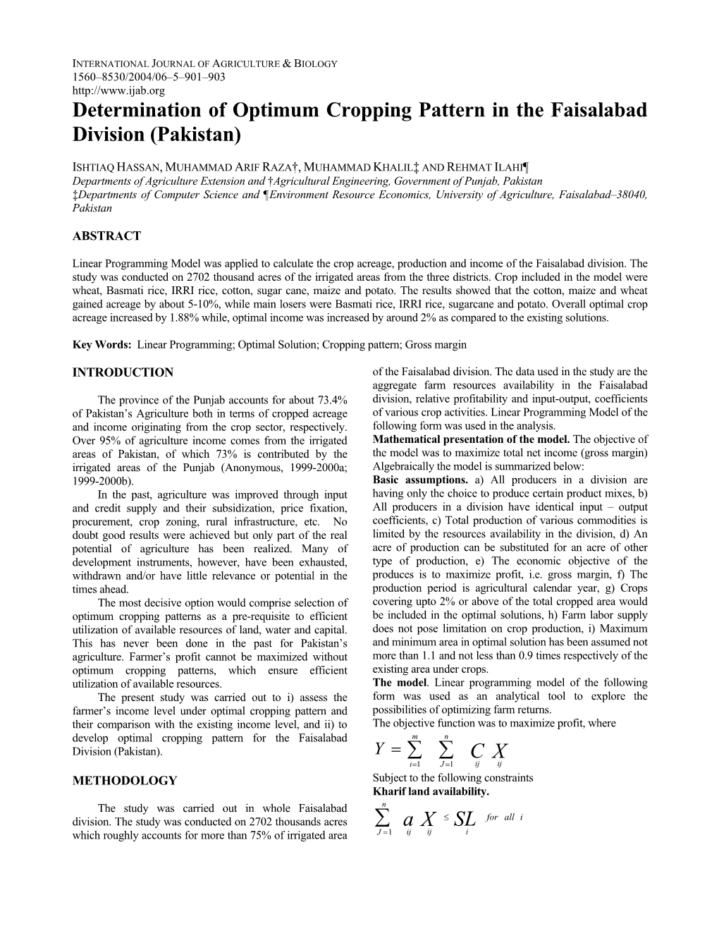 Determination of Optimum Cropping Pattern in the Faisalabad Division (Pakistan)