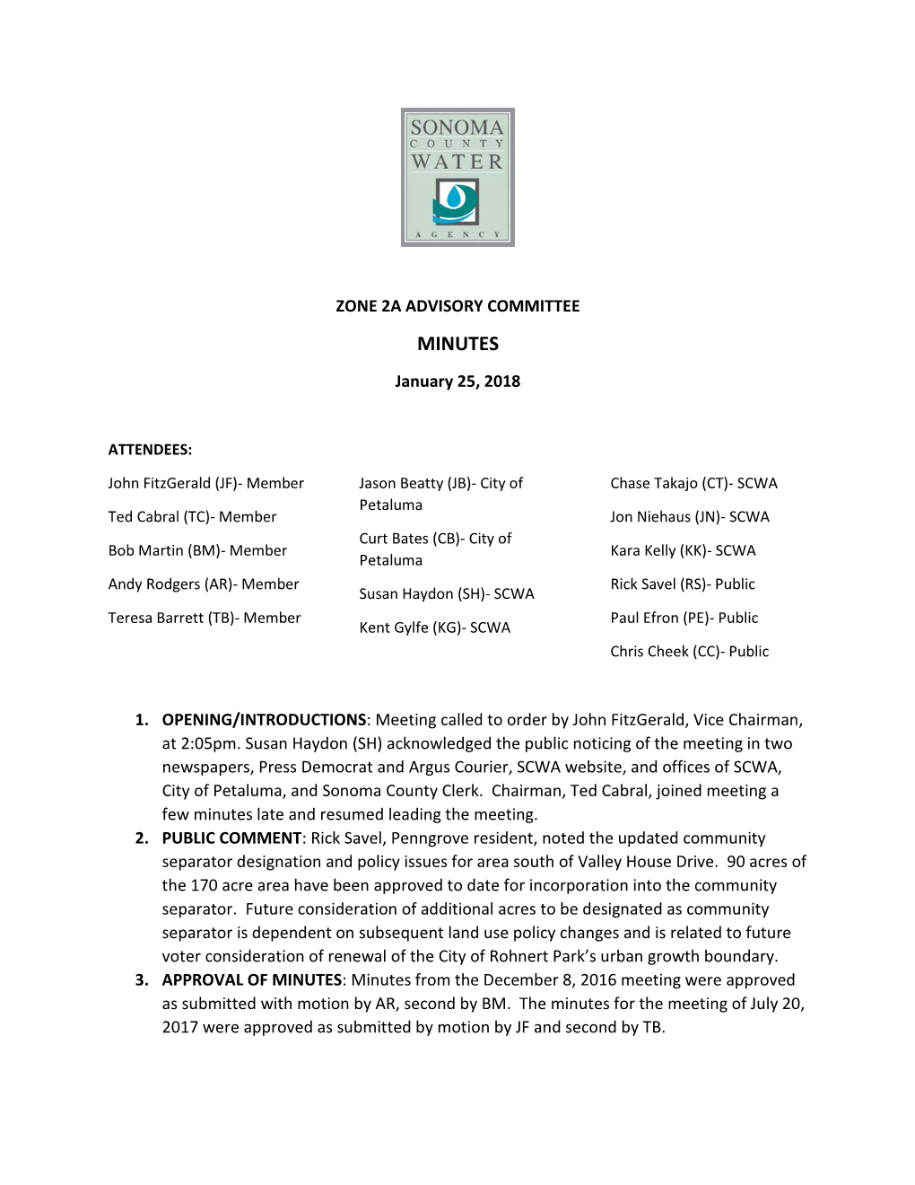 Flood Control Advisory Committee Zone 2A January 25, 2018 Minutes