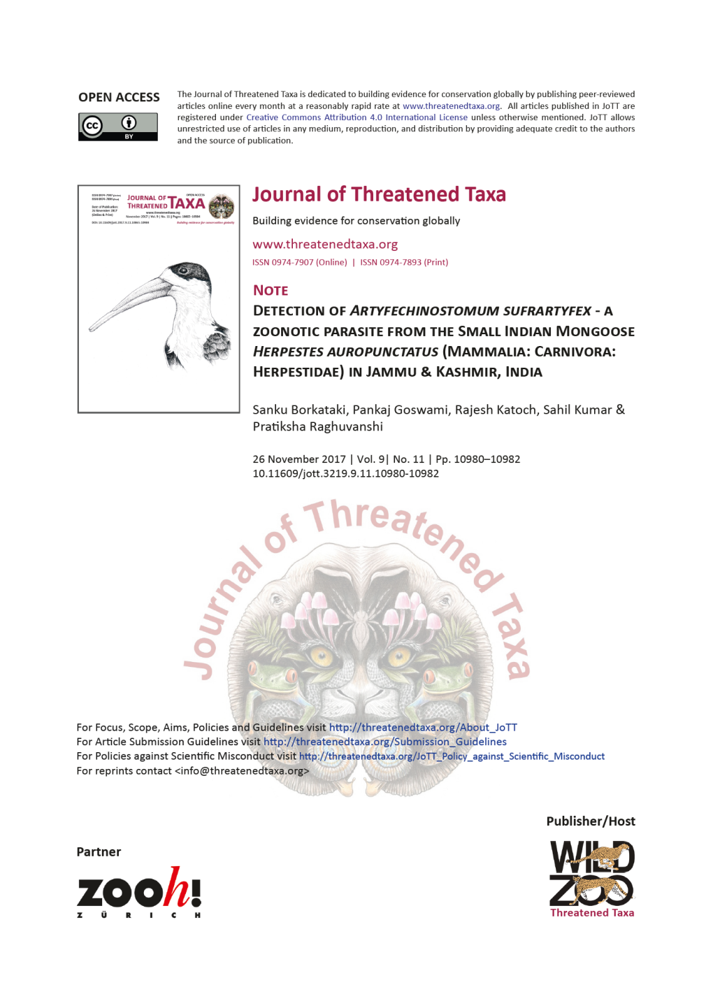 A Zoonotic Parasite from the Small Indian Mongoose Herpestes Auropunctatus (Mammals: Carnivora: Herpestidae) in Jammu & Kashmir, India