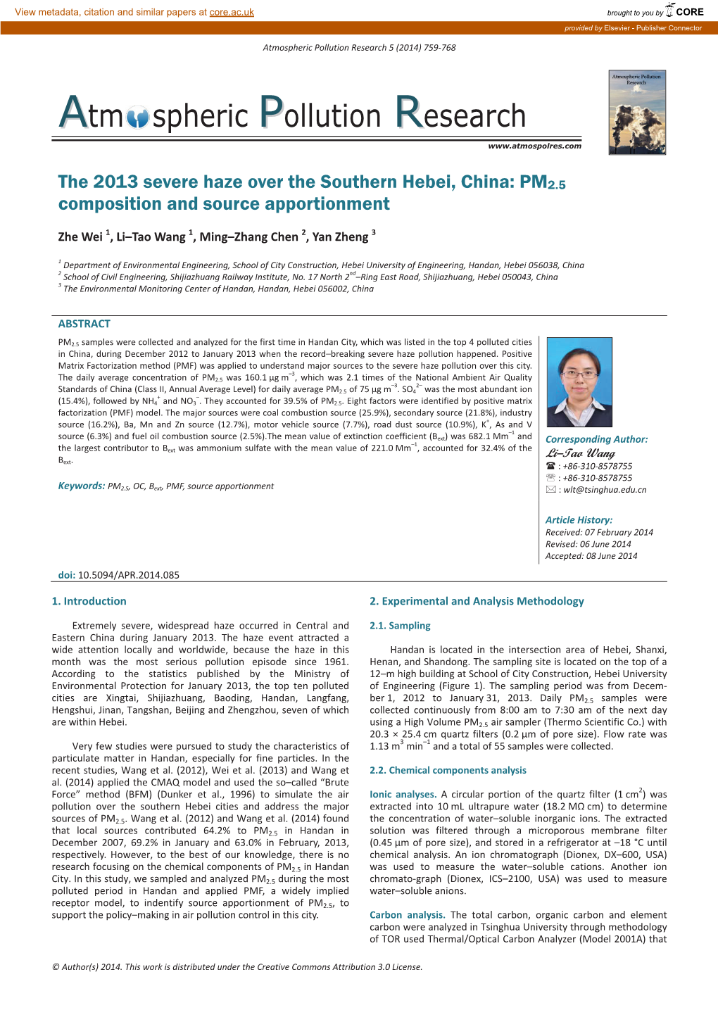 The 2013 Severe Haze Over the Southern Hebei, China: PM2.5 Composition and Source Apportionment