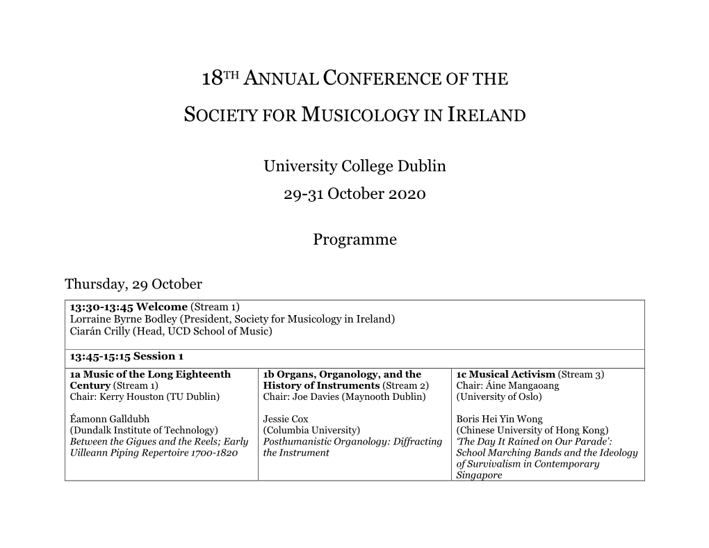 18Th Annual Conference of the Society for Musicology in Ireland