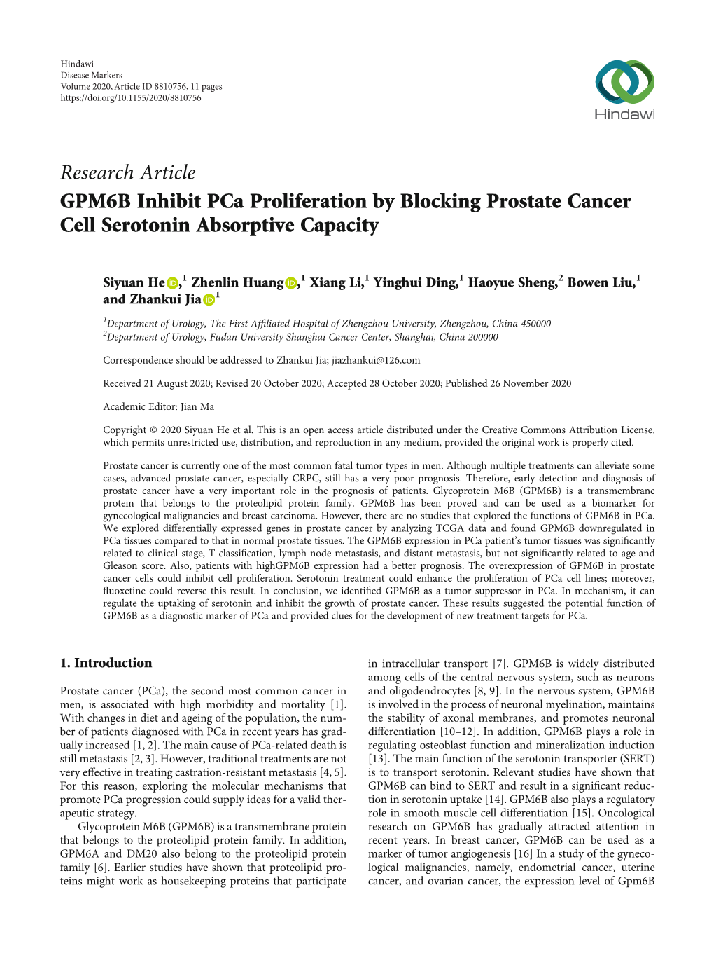 GPM6B Inhibit Pca Proliferation by Blocking Prostate Cancer Cell Serotonin Absorptive Capacity